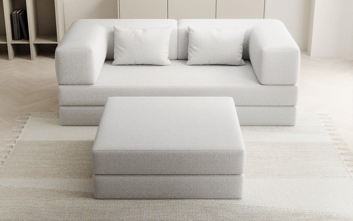 Lazy Spar-Set: 3-Sitzer + Hocker in Bouclé