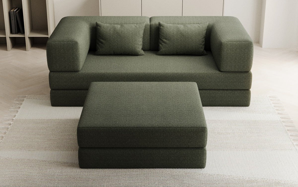 Lazy Spar-Set: 3-Sitzer + Hocker in Bouclé