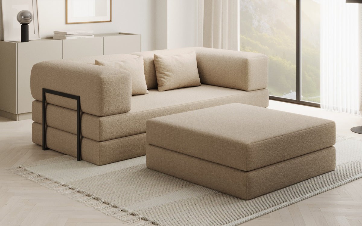 Lazy Spar-Set: 3-Sitzer + Hocker in Bouclé