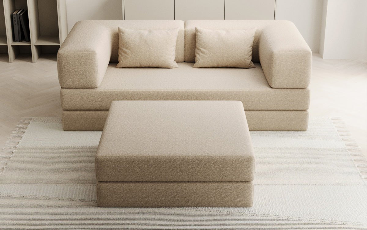 Lazy Spar-Set: 3-Sitzer + Hocker in Bouclé