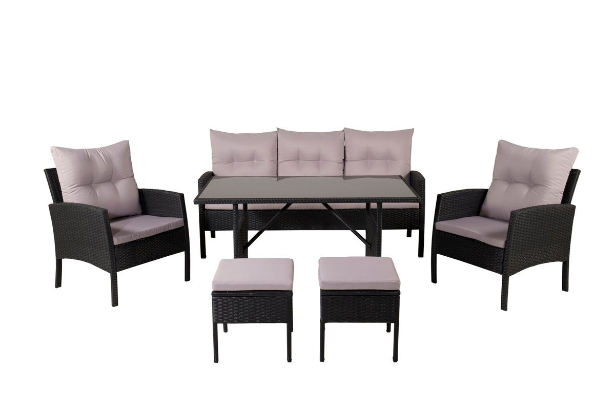 Loungeset Ruby - aus schwarzem Rattan mit grauen Kissen