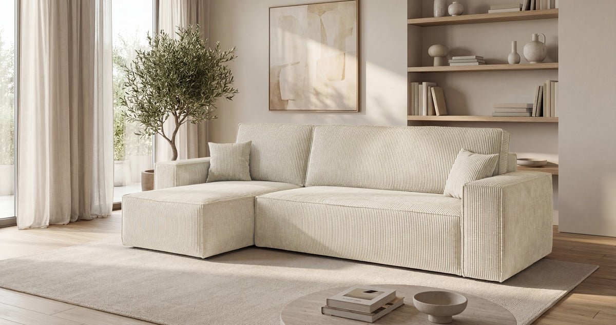 Designer-Sofa Lunaro Mini mat Schlof- a Klappfunktioun a Cord