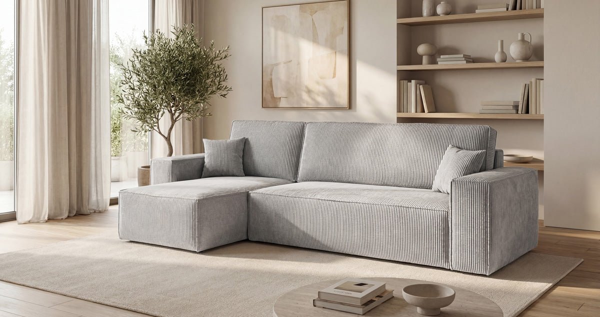 Designer-Sofa Lunaro Mini mat Schlof- a Klappfunktioun a Cord