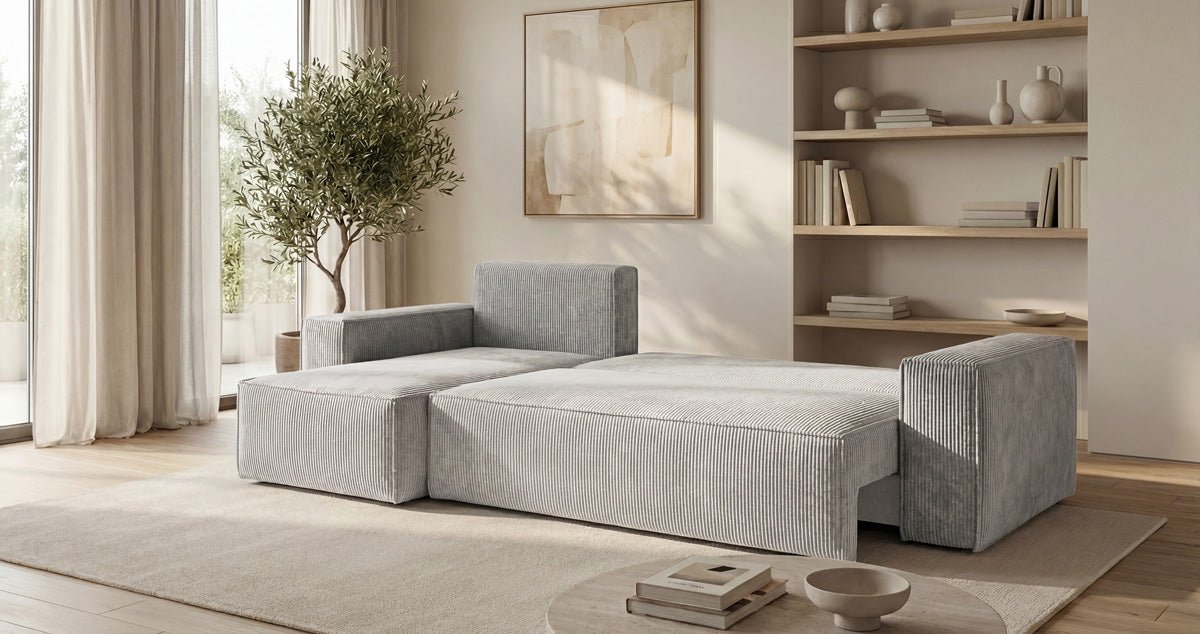 Designer-Sofa Lunaro Mini mat Schlof- a Klappfunktioun a Cord