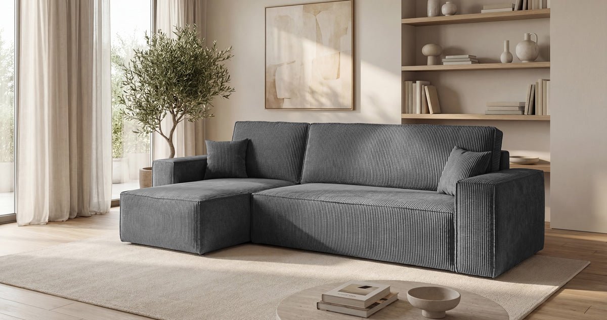 Designer-Sofa Lunaro Mini mat Schlof- a Klappfunktioun a Cord