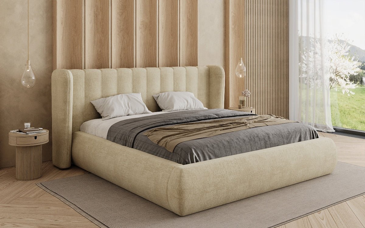 Designer-Polsterbett Valentina aus Samt mat Späicherplaz