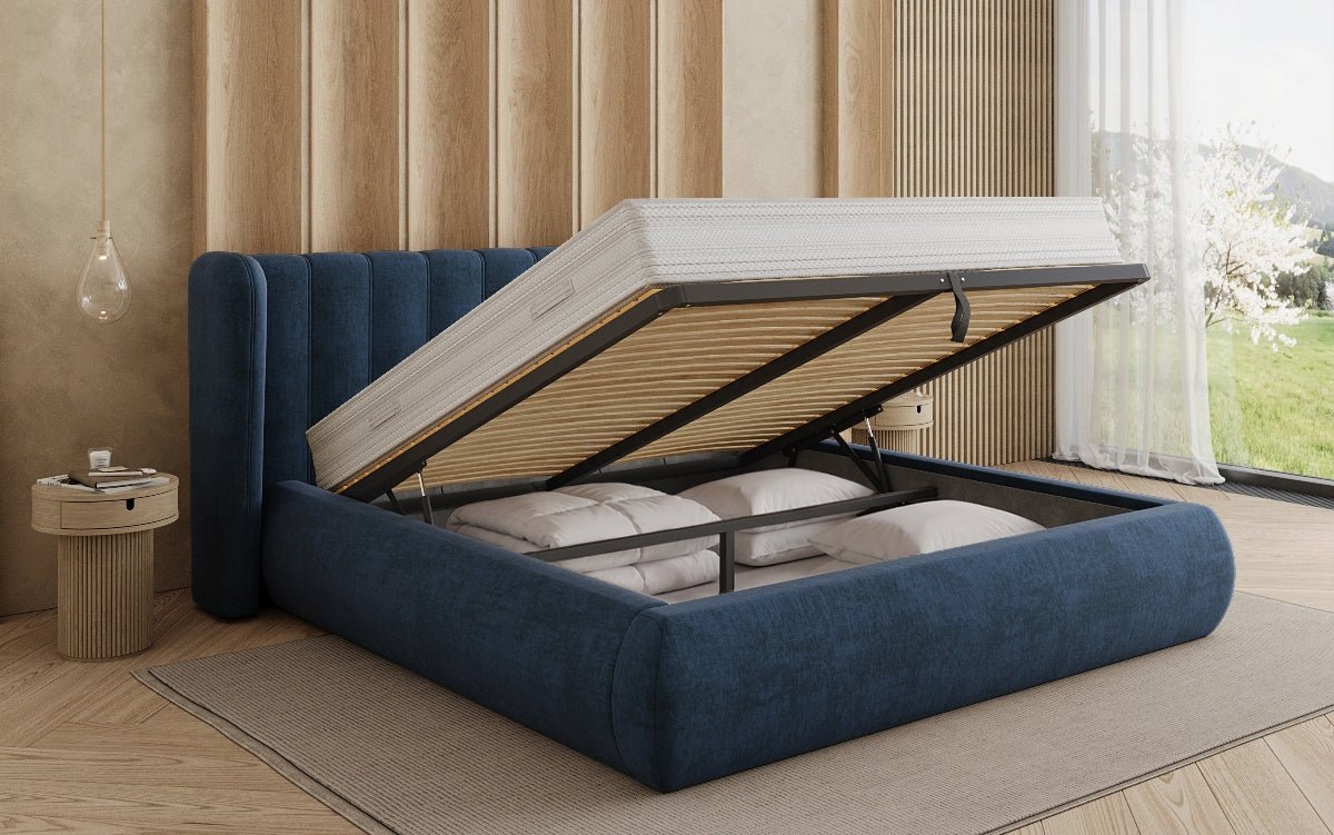 Designer-Polsterbett Valentina aus Samt mat Späicherplaz