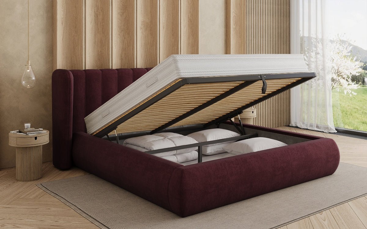 Designer-Polsterbett Valentina aus Samt mat Späicherplaz