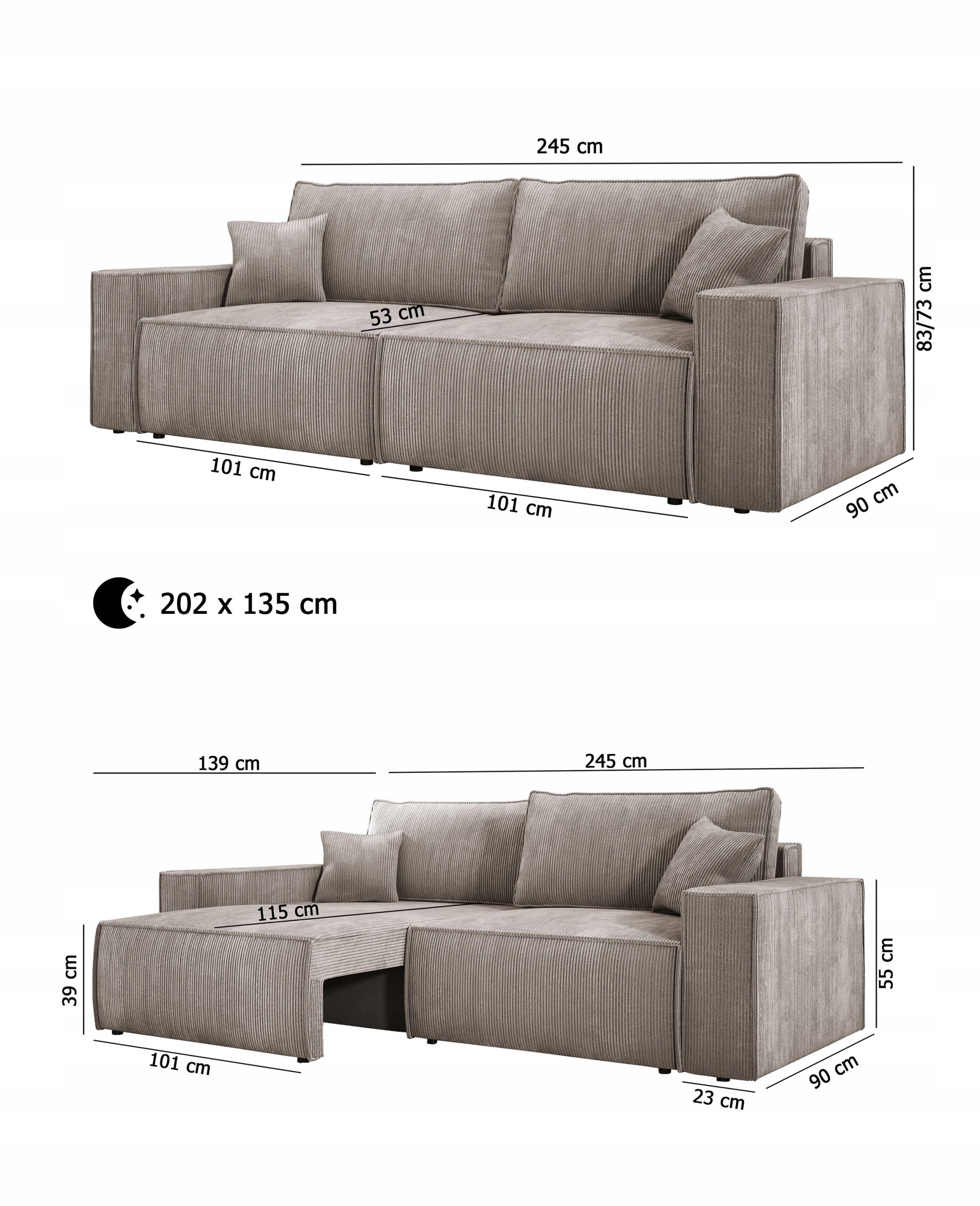 Designer Sofa Velanova 3 Sitzer Cord mit Schlaf- und Klappfunktion