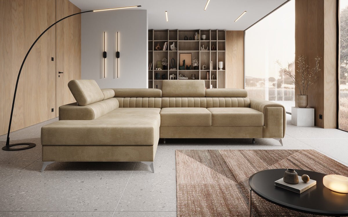 Designer Sofa Aurea L mat Schloof- an Zesummeklappfunktioun a Samt