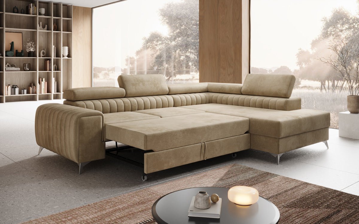 Designer Sofa Aurea L mat Schloof- an Zesummeklappfunktioun a Samt
