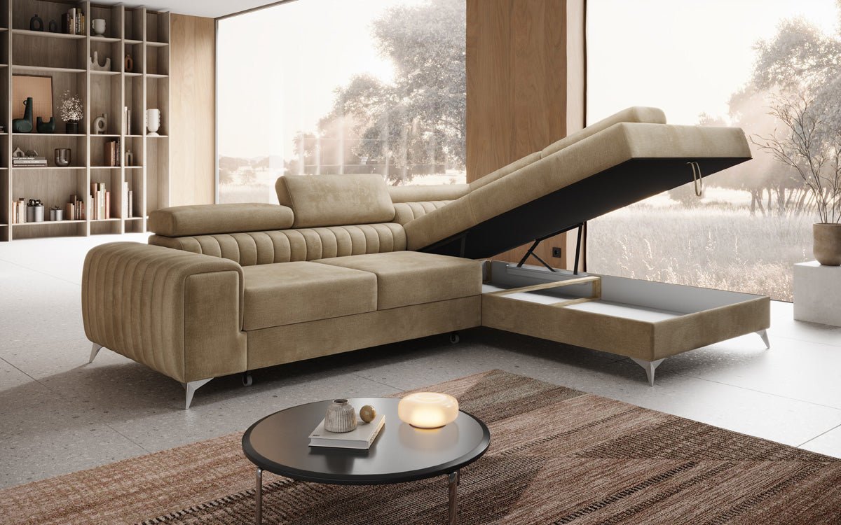 Designer Sofa Aurea L mat Schloof- an Zesummeklappfunktioun a Samt