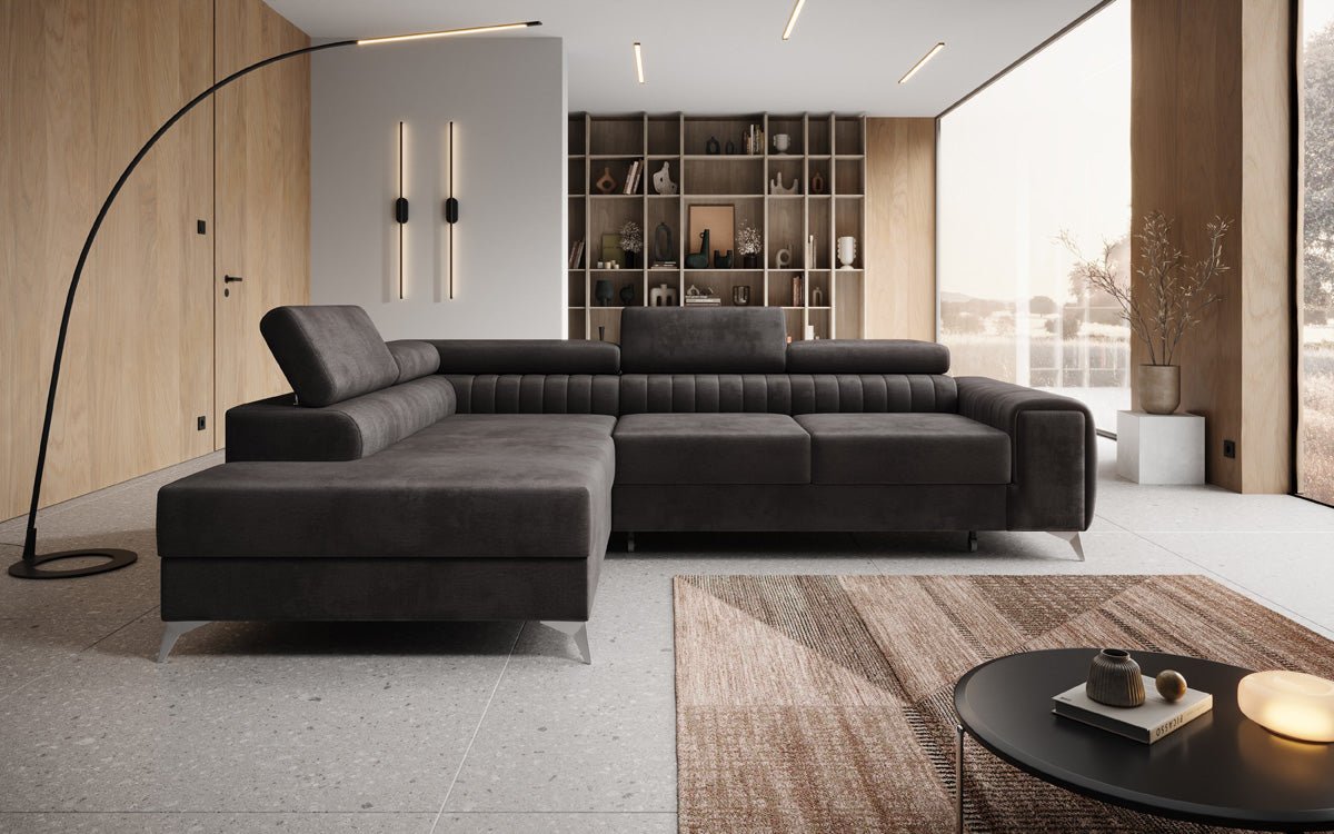 Designer Sofa Aurea L mat Schloof- an Zesummeklappfunktioun a Samt
