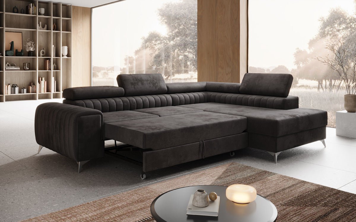 Designer Sofa Aurea L mat Schloof- an Zesummeklappfunktioun a Samt