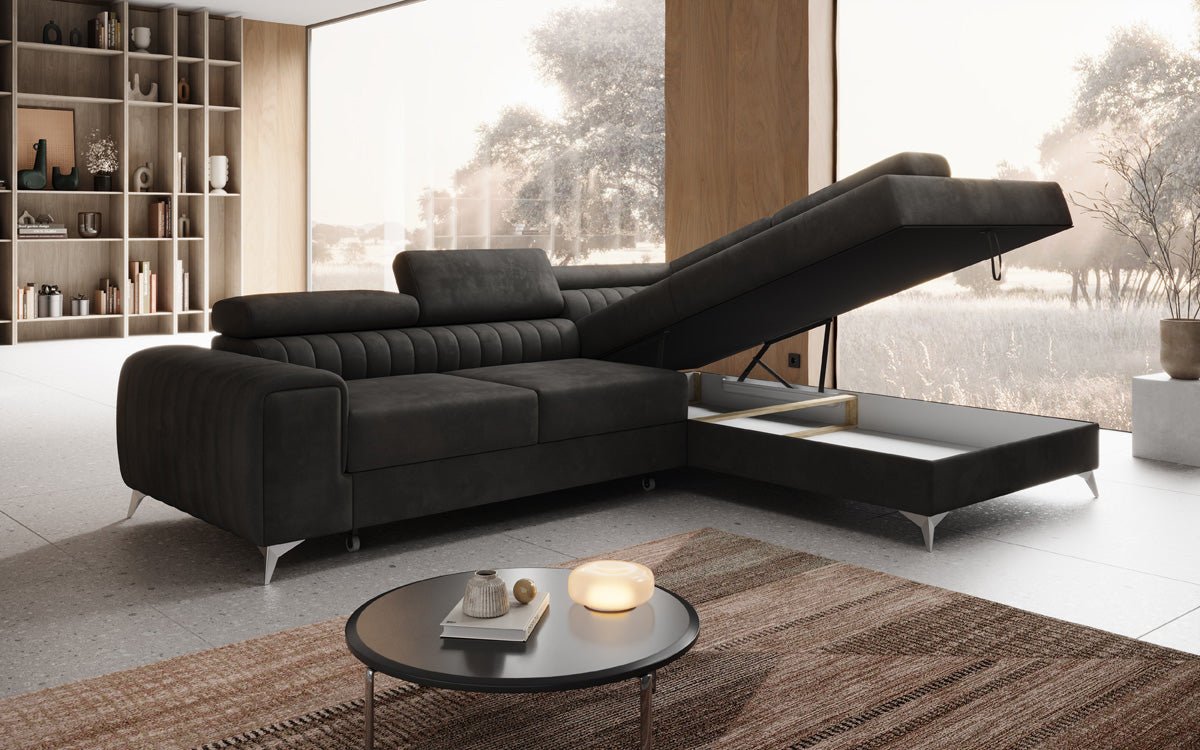 Designer Sofa Aurea L mat Schloof- an Zesummeklappfunktioun a Samt