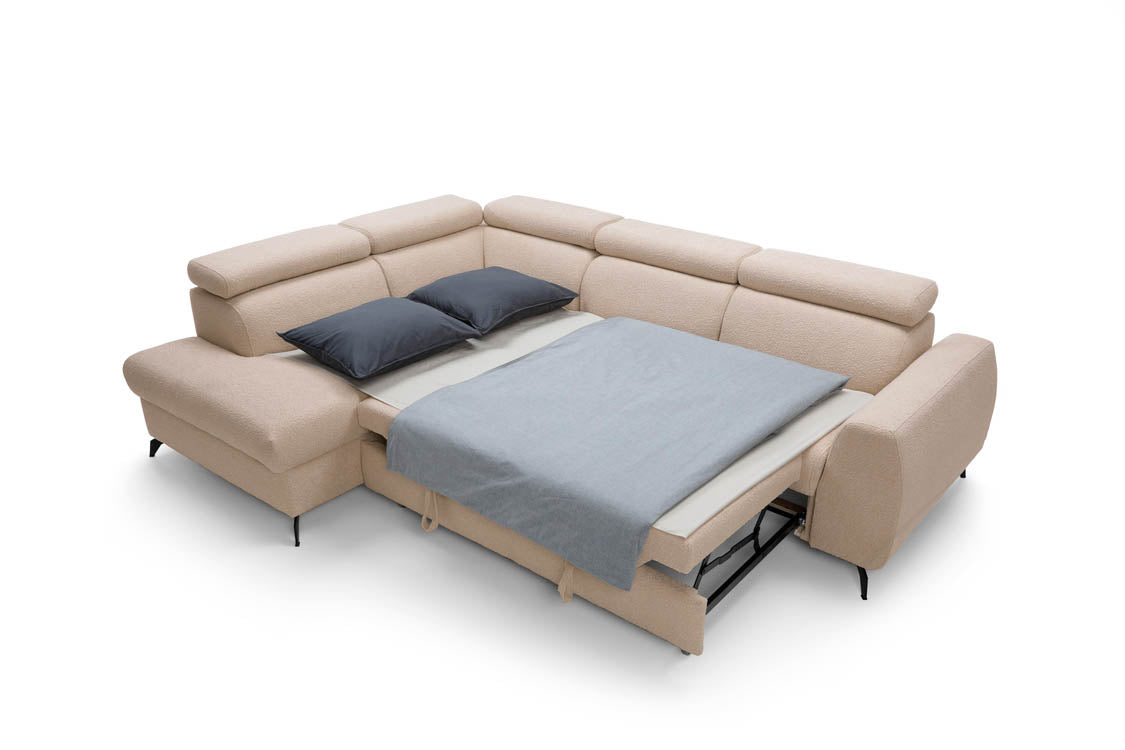 Designer Ecksofa Stille mat Schlof- a Klappfunktioun