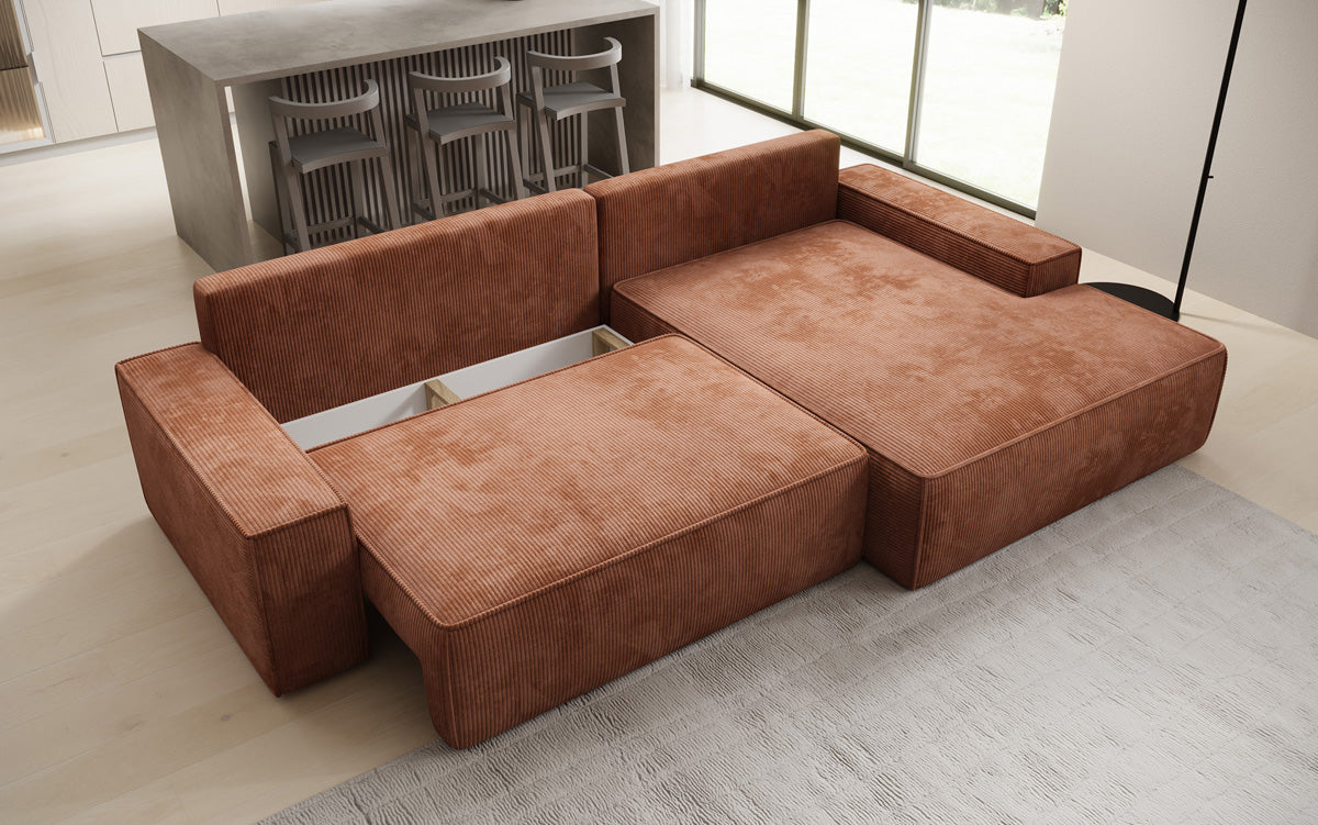 Designer-Ecksofa Verona mat breeder Ottomane mat Schlof- a Klappfunktioun an Cord