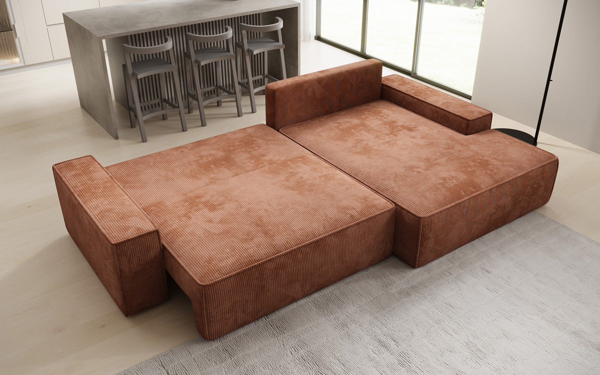 Designer-Ecksofa Verona mat breeder Ottomane mat Schlof- a Klappfunktioun an Cord