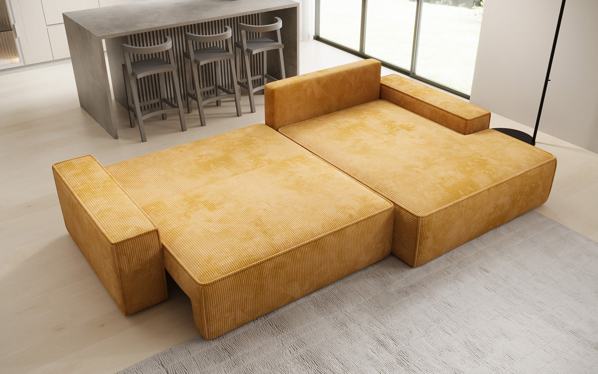 Designer-Ecksofa Verona mat breeder Ottomane mat Schlof- a Klappfunktioun an Cord