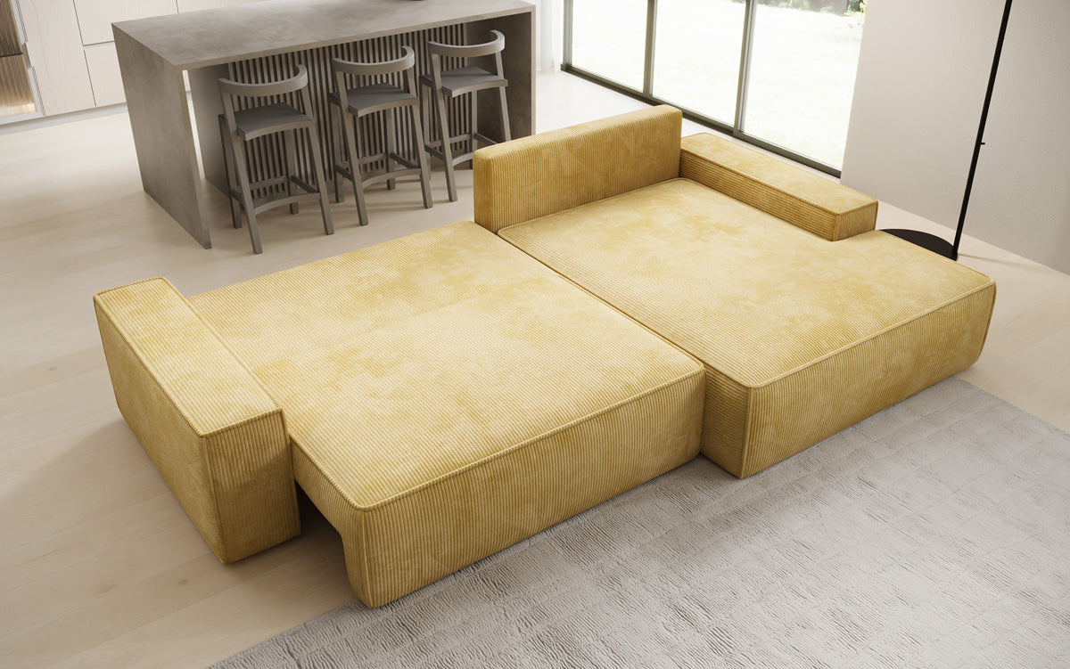 Designer-Ecksofa Verona mat breeder Ottomane mat Schlof- a Klappfunktioun an Cord