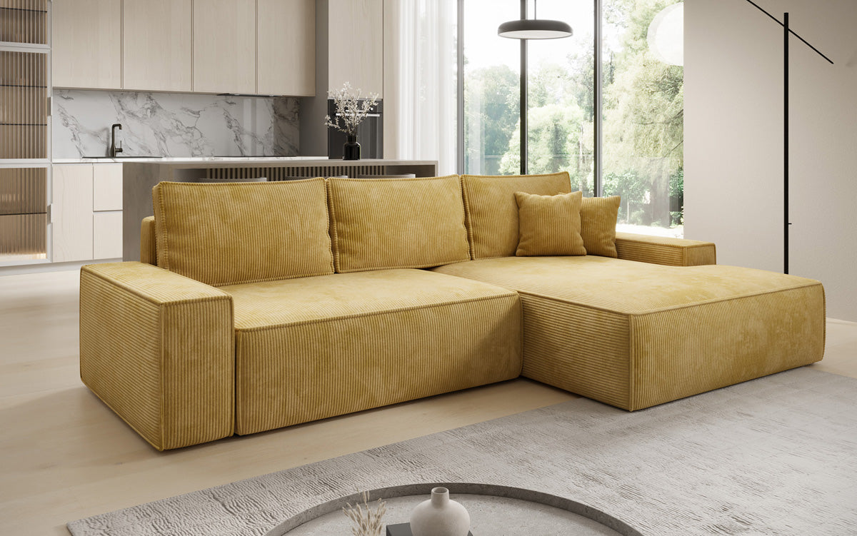 Designer-Ecksofa Verona mat breeder Ottomane mat Schlof- a Klappfunktioun an Cord