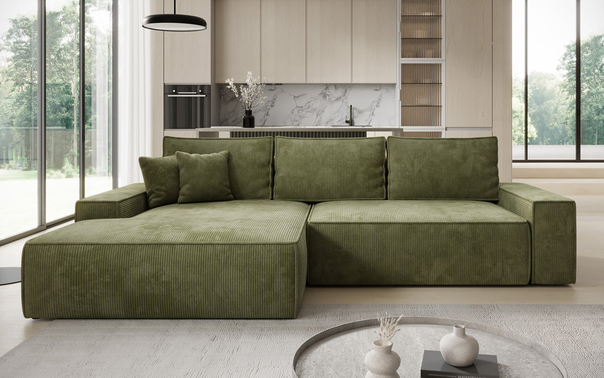 Designer-Ecksofa Verona mat breeder Ottomane mat Schlof- a Klappfunktioun an Cord