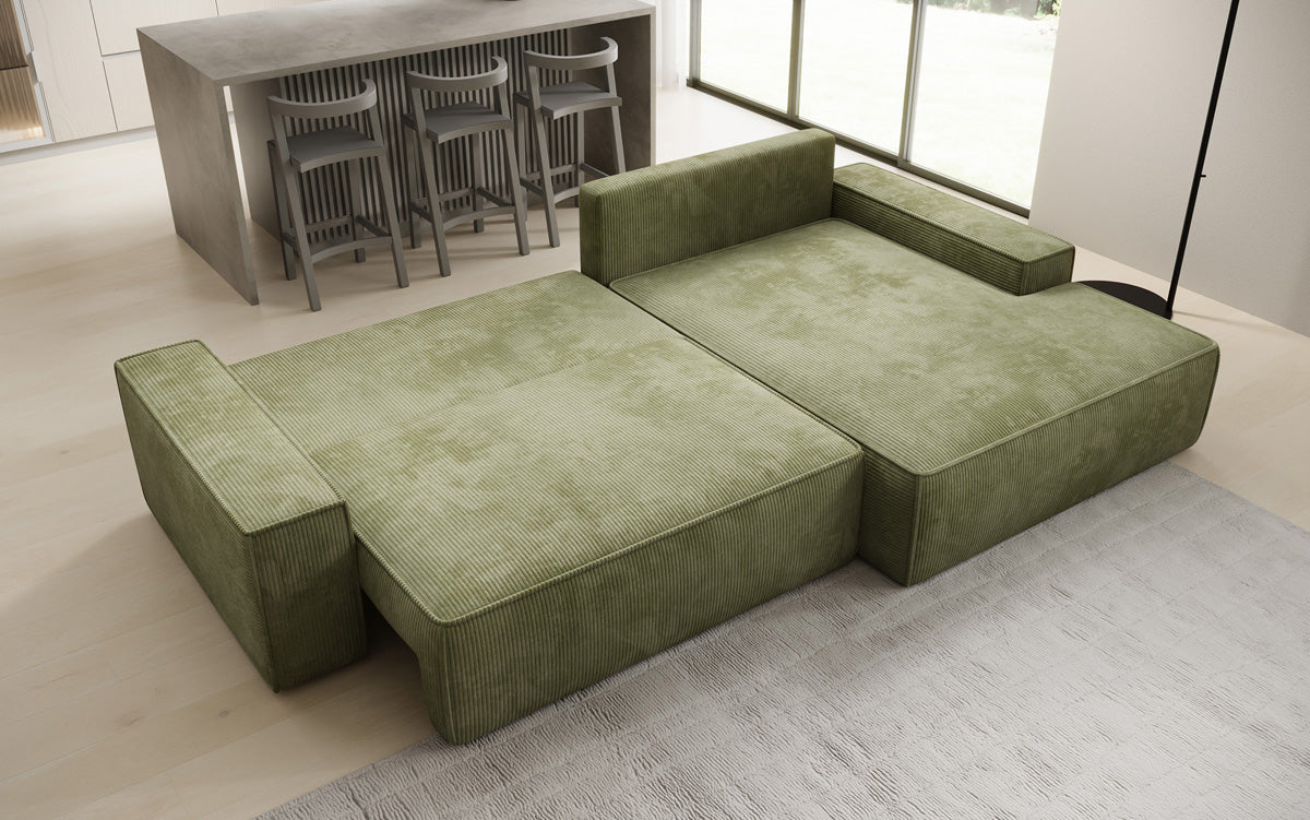 Designer-Ecksofa Verona mat breeder Ottomane mat Schlof- a Klappfunktioun an Cord
