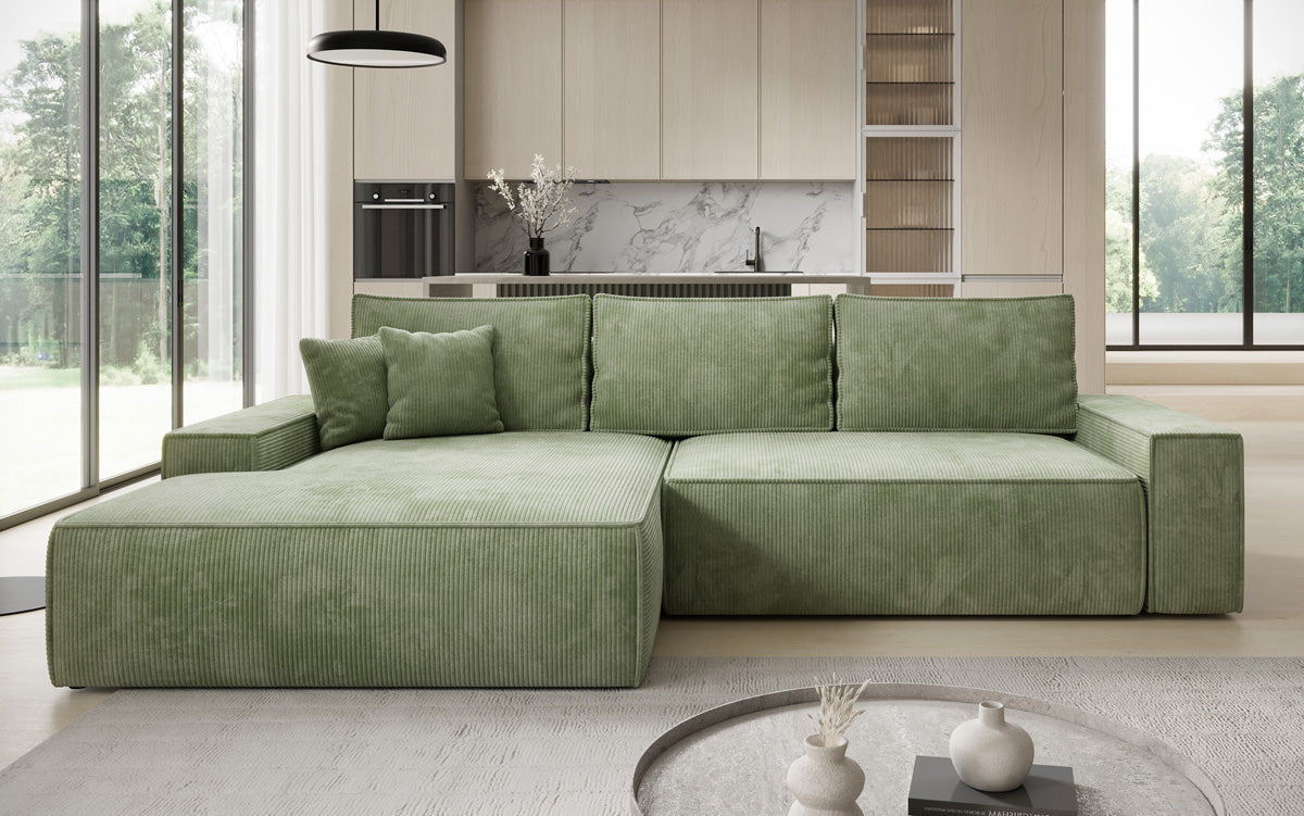 Designer-Ecksofa Verona mat breeder Ottomane mat Schlof- a Klappfunktioun an Cord