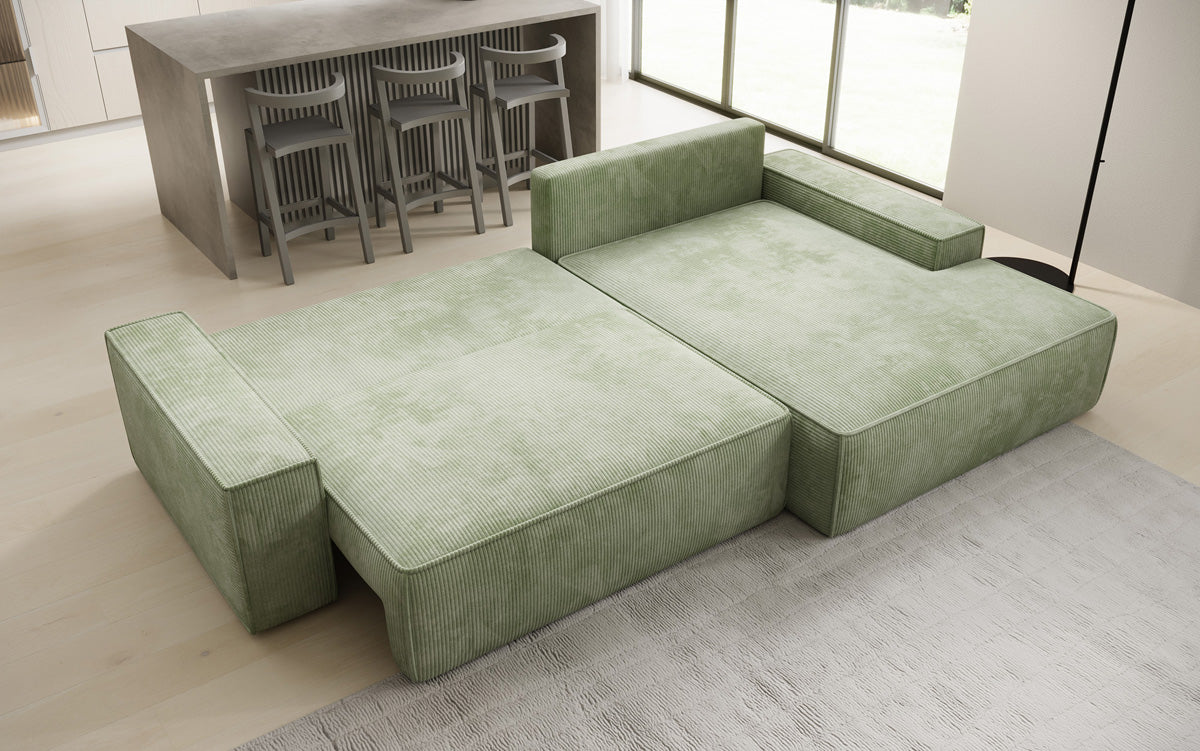 Designer-Ecksofa Verona mat breeder Ottomane mat Schlof- a Klappfunktioun an Cord