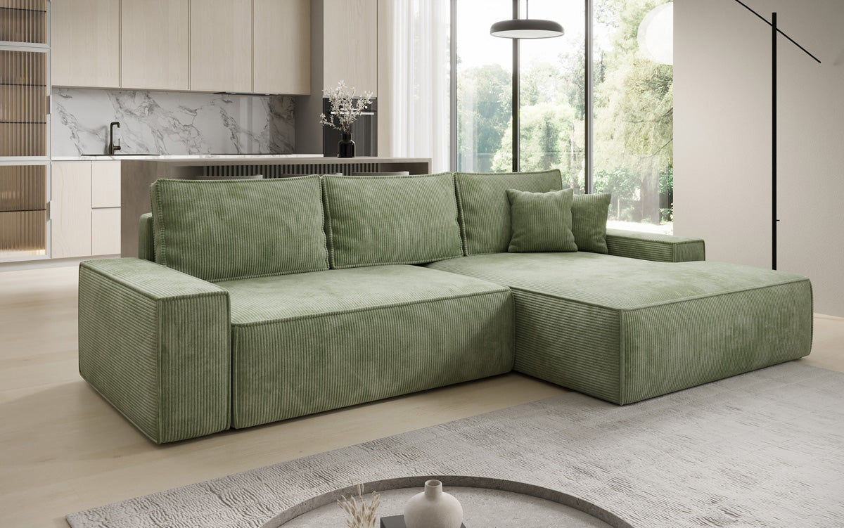 Designer-Ecksofa Verona mat breeder Ottomane mat Schlof- a Klappfunktioun an Cord