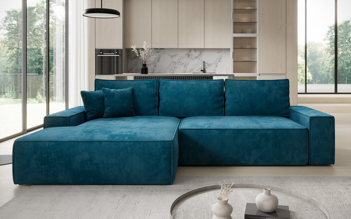 Designer-Ecksofa Verona mat breeder Ottomane mat Schlof- a Klappfunktioun an Cord