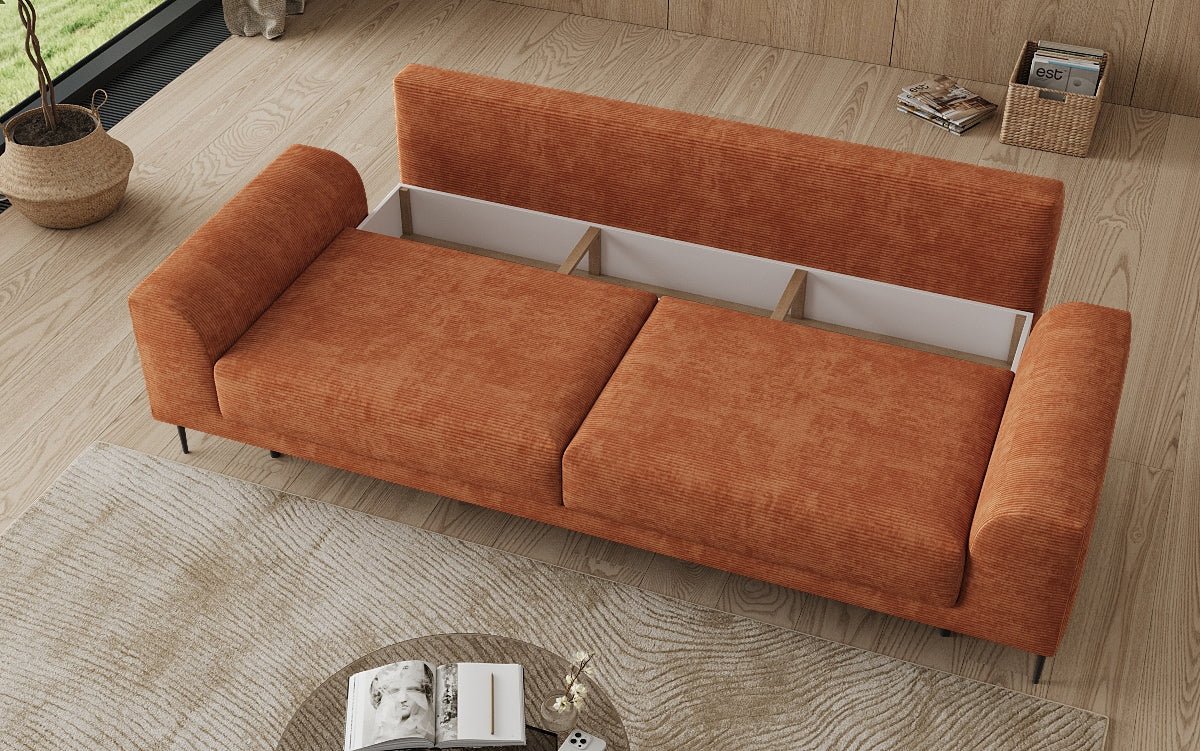 Designer-3-Sëtzer-Sofa Bloom a Cord mat Schloffunktioun a Stauraum
