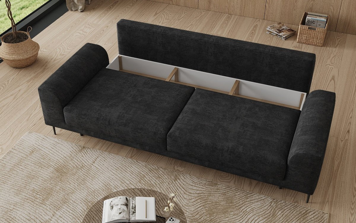 Designer-3-Sëtzer-Sofa Bloom a Cord mat Schloffunktioun a Stauraum