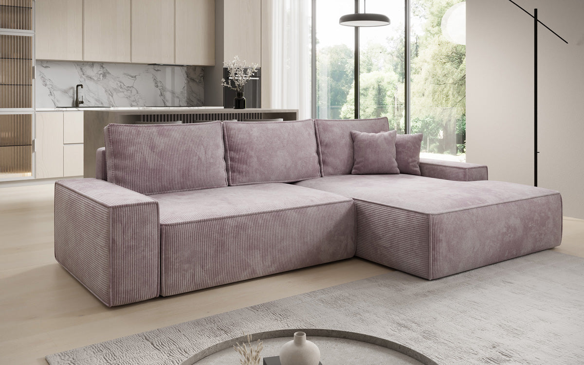 Designer-Ecksofa Verona mat breeder Ottomane mat Schlof- a Klappfunktioun an Cord
