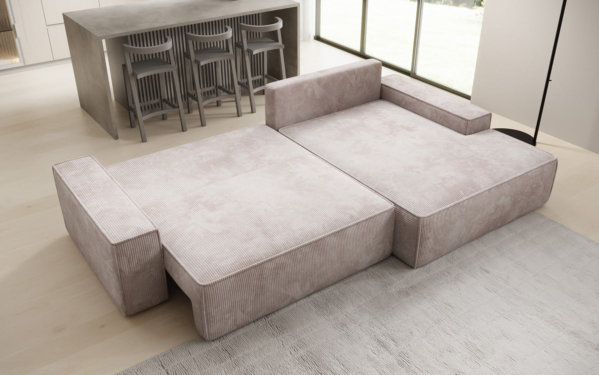 Designer-Ecksofa Verona mat breeder Ottomane mat Schlof- a Klappfunktioun an Cord