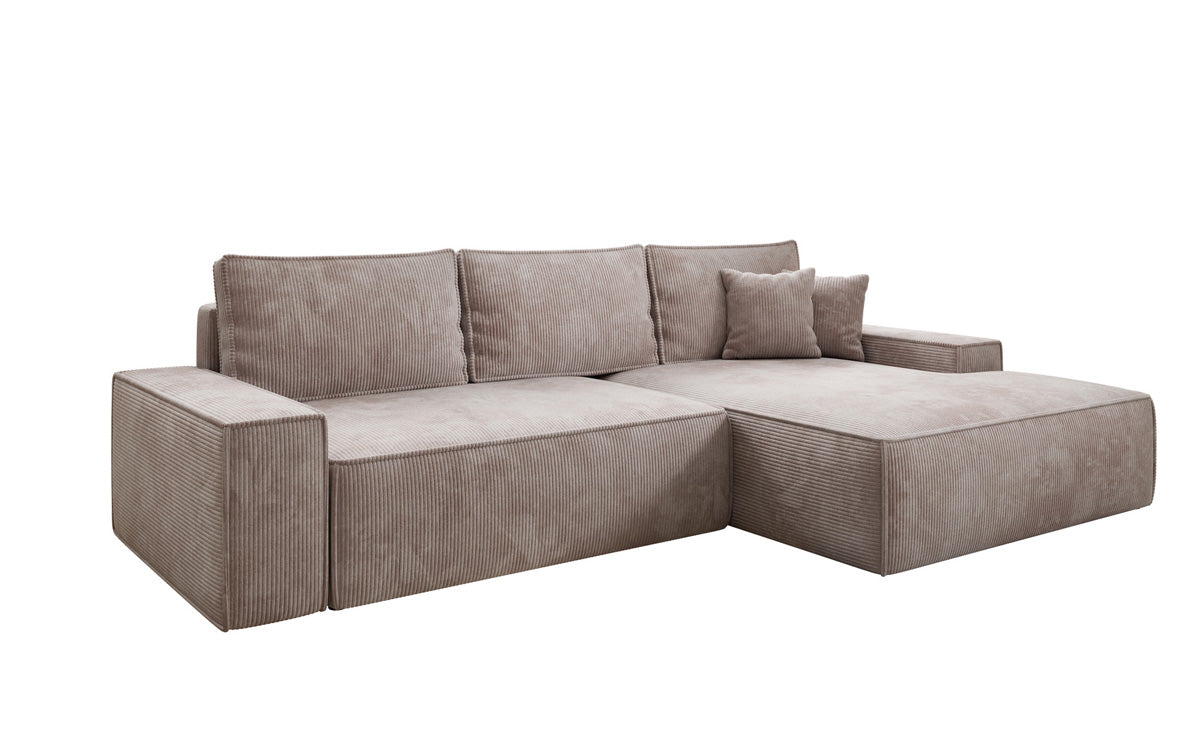 Designer-Ecksofa Verona mat breeder Ottomane mat Schlof- a Klappfunktioun an Cord