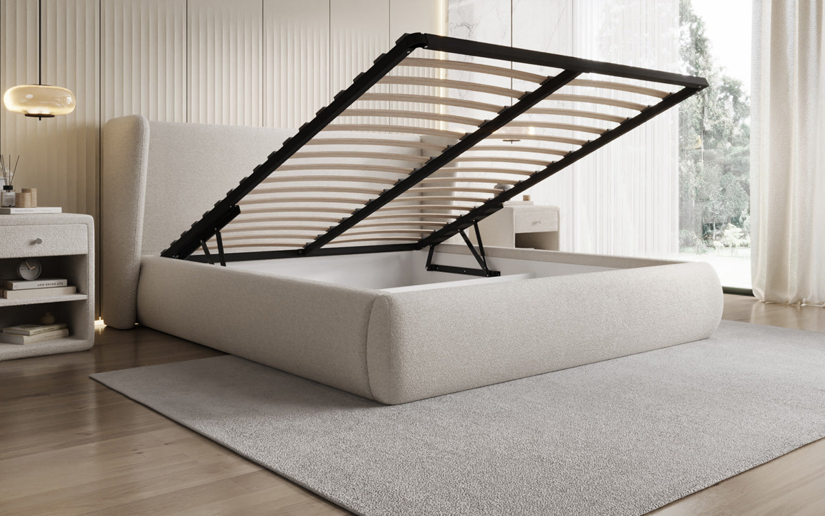 Designer-Polsterbett Rosalie am Teddy-Bouclé mat Stauraum