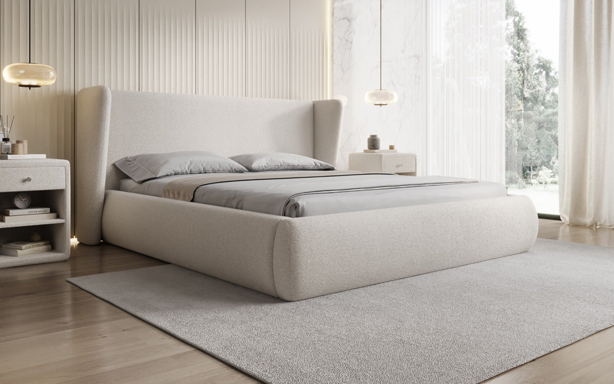 Designer-Polsterbett Rosalie am Teddy-Bouclé mat Stauraum