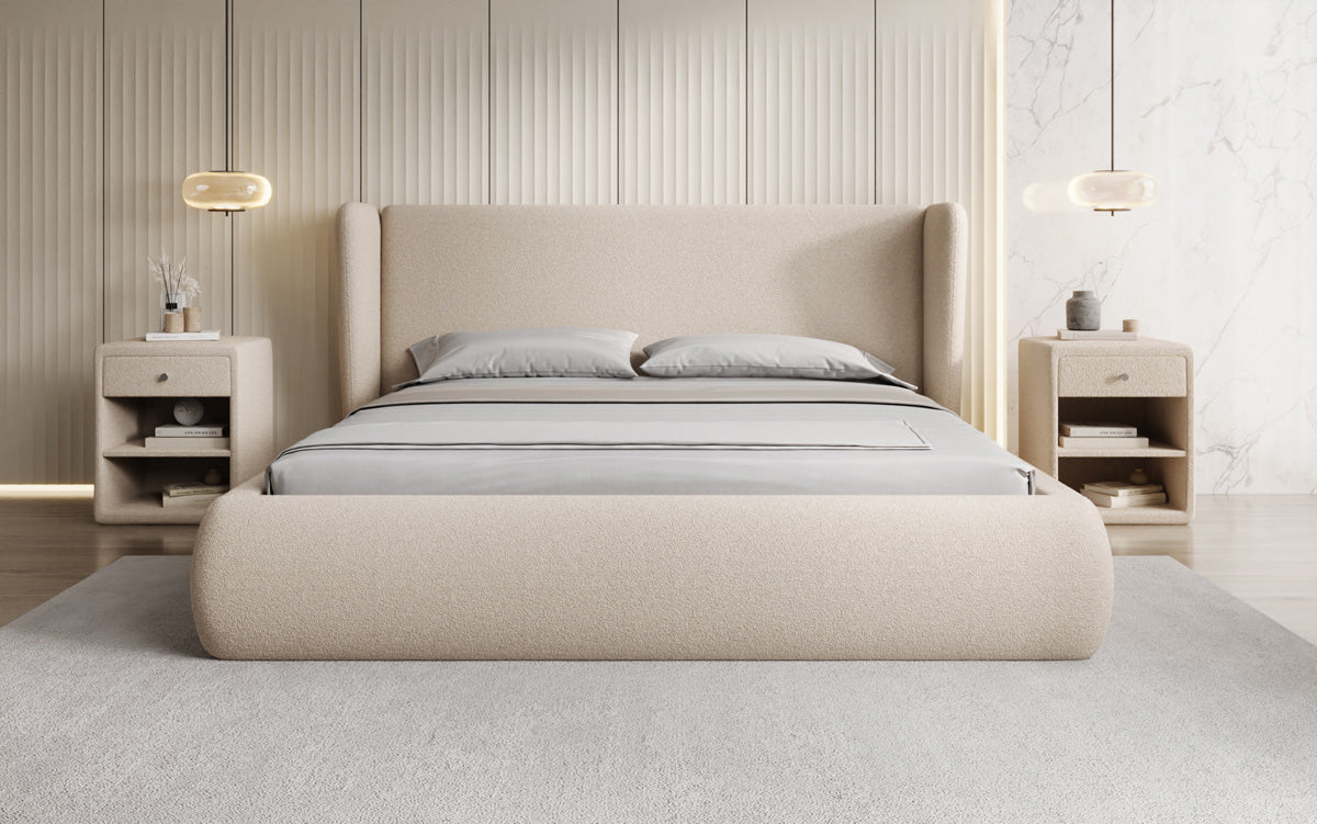 Designer-Polsterbett Rosalie am Teddy-Bouclé mat Stauraum