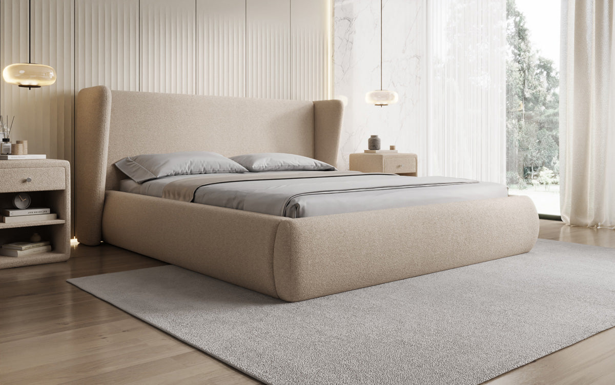 Designer-Polsterbett Rosalie am Teddy-Bouclé mat Stauraum