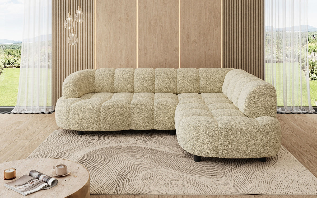 Designer Sofa Olivia Mini in Teddy Bouclé mit elektrischer Sitzerweiterung