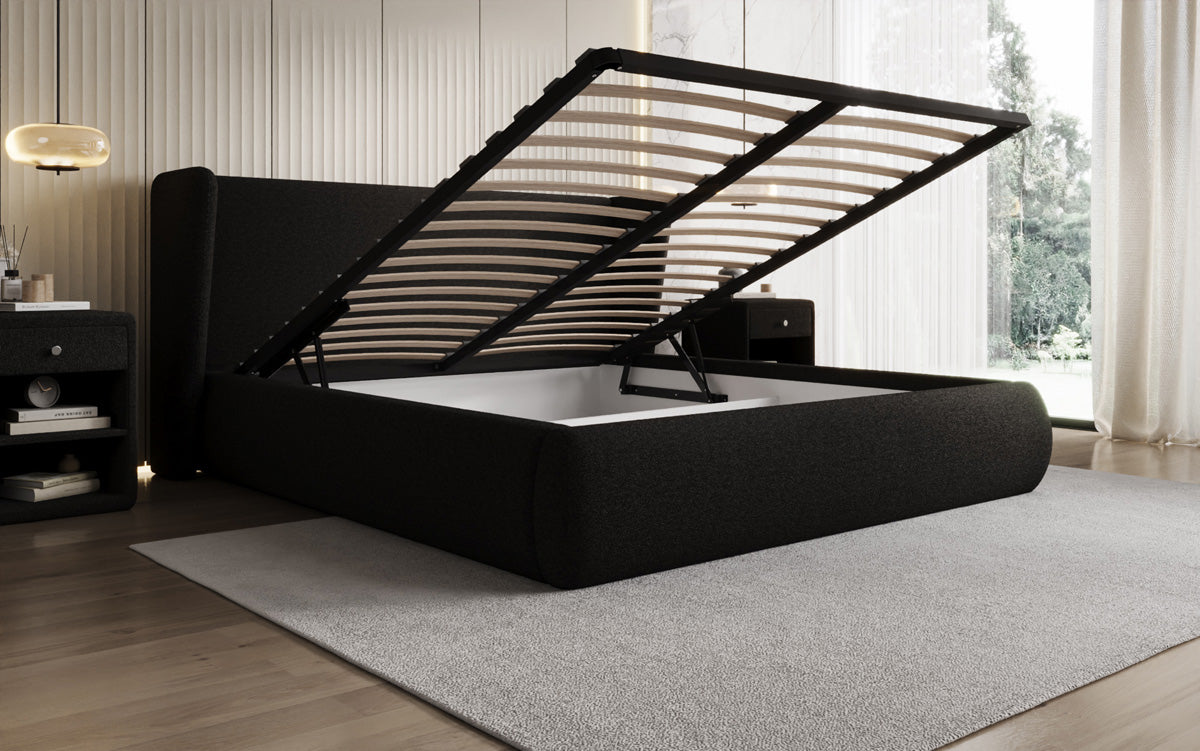 Designer-Polsterbett Rosalie am Teddy-Bouclé mat Stauraum