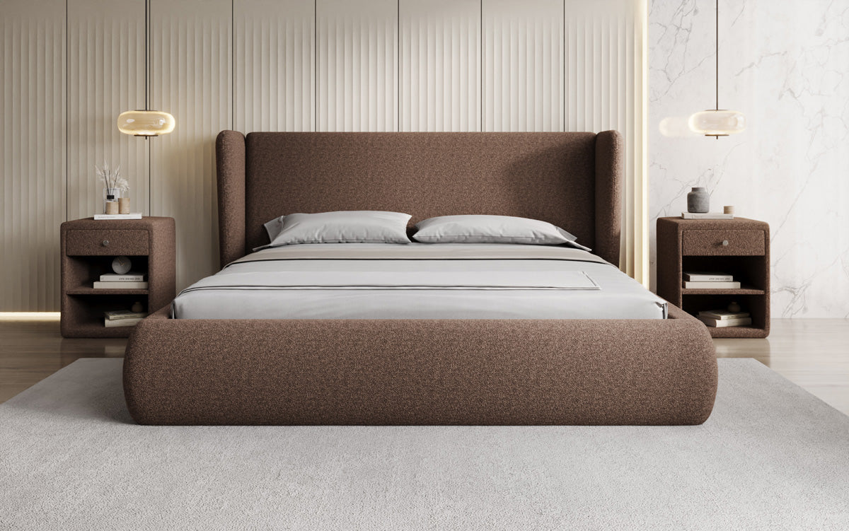 Designer-Polsterbett Rosalie am Teddy-Bouclé mat Stauraum