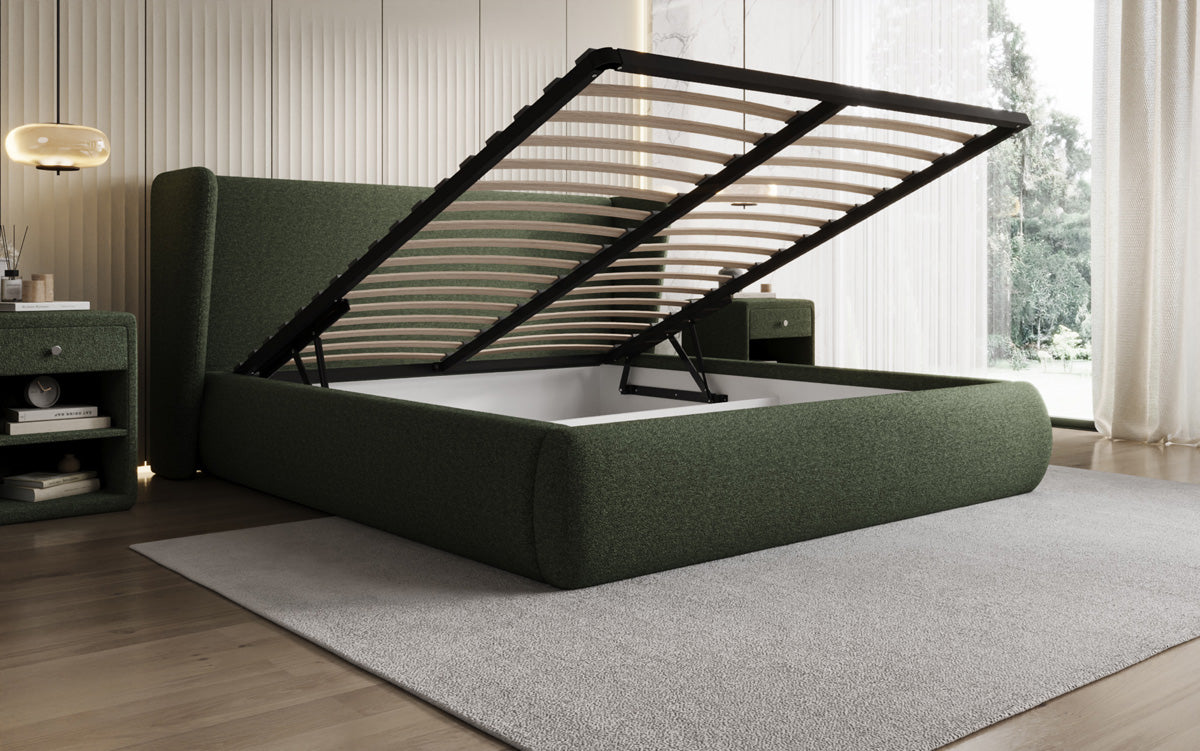 Designer-Polsterbett Rosalie am Teddy-Bouclé mat Stauraum