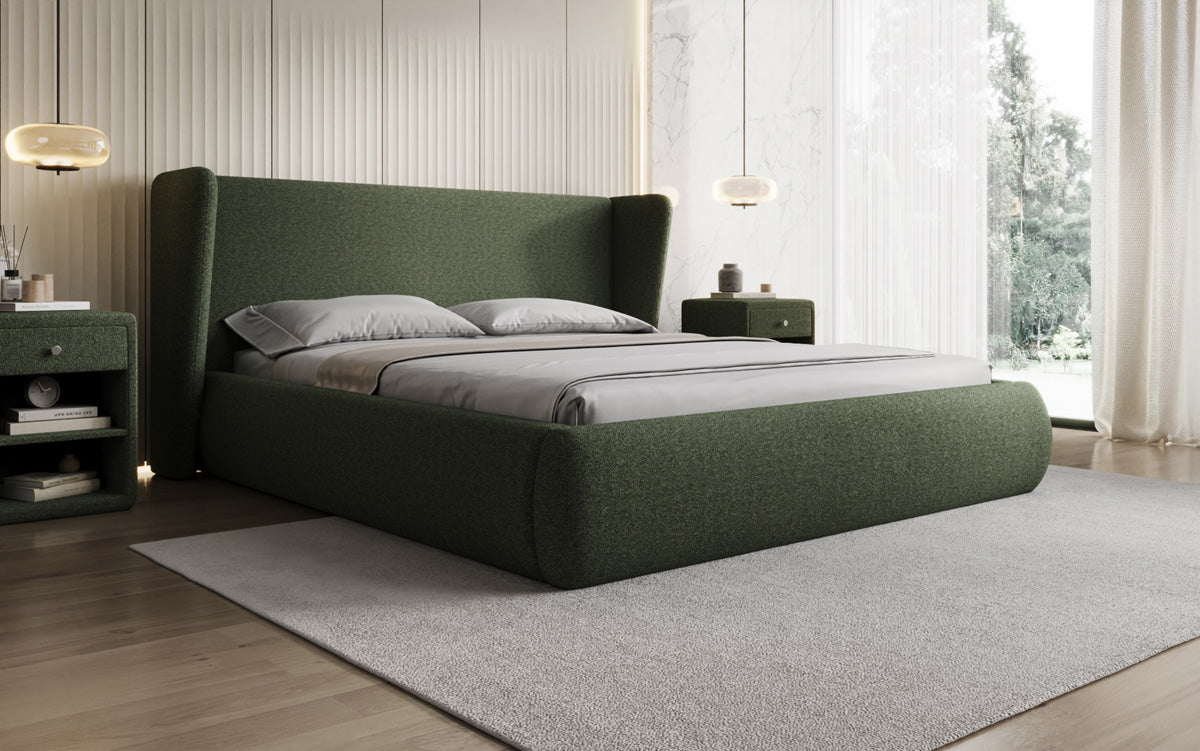 Designer-Polsterbett Rosalie am Teddy-Bouclé mat Stauraum