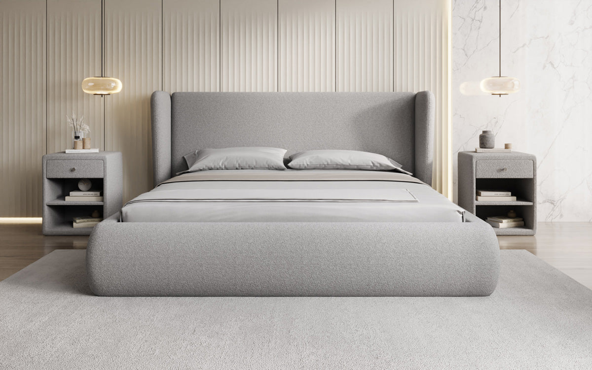 Designer-Polsterbett Rosalie am Teddy-Bouclé mat Stauraum