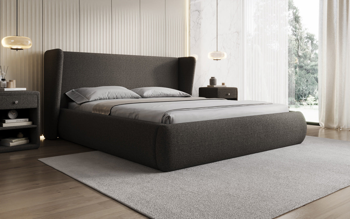 Designer-Polsterbett Rosalie am Teddy-Bouclé mat Stauraum