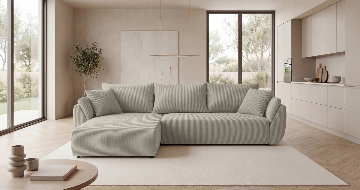 Designer-Sofa Lenoa L mat Schlof- a Klappfunktioun a Cord