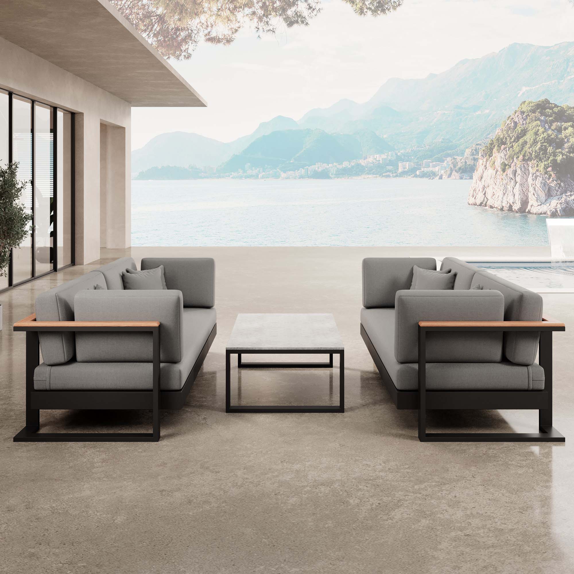 Vayla – 2 Zweisitzer & Tisch aus schwarzem Aluminium | Aevora™ Kollektion