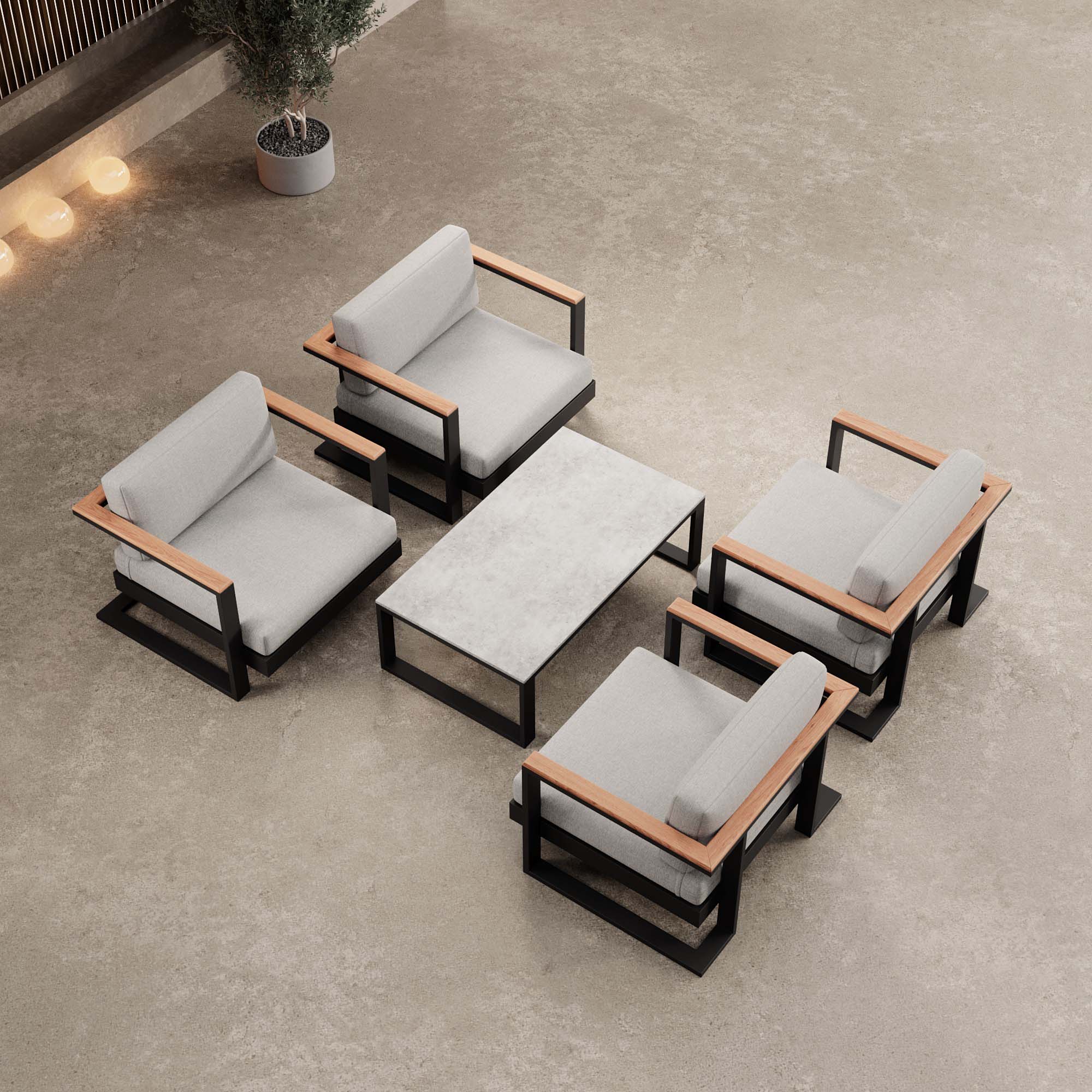 Vayla – 4 Loungesessel & Tisch aus schwarzem Aluminium | Aevora™ Kollektion